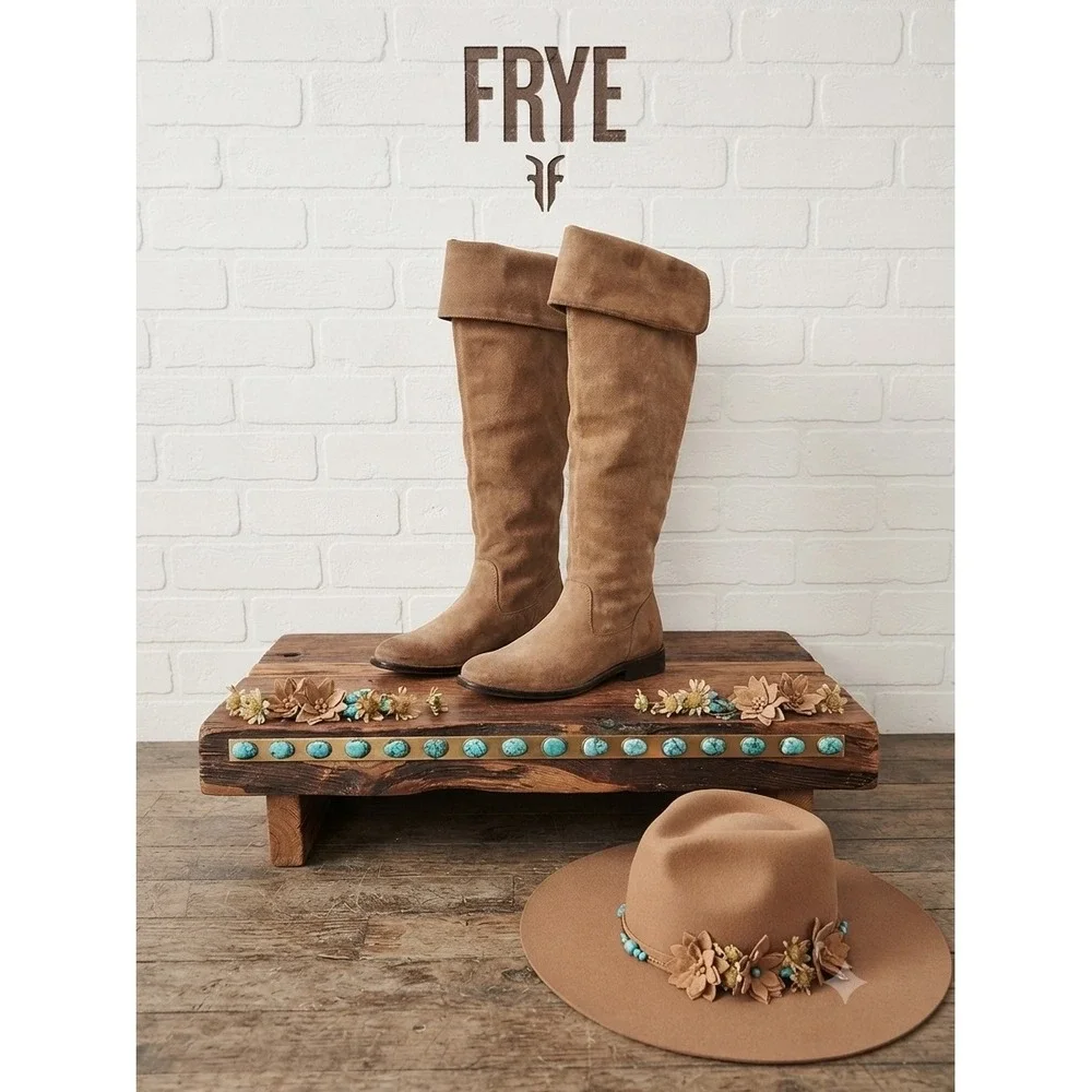 Frye‎ Melissa Over The Knee Boots Tan Suede Boho fold Over Cuff Tall Flat Boot
